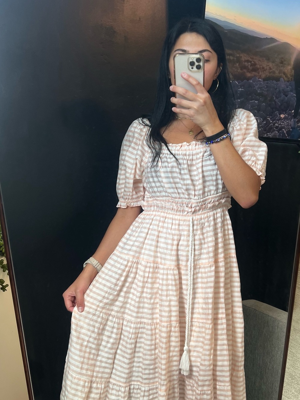 Smocked Waist Puff Sleeve Maxi Dress in Blush Stripe (Slight Sheer)